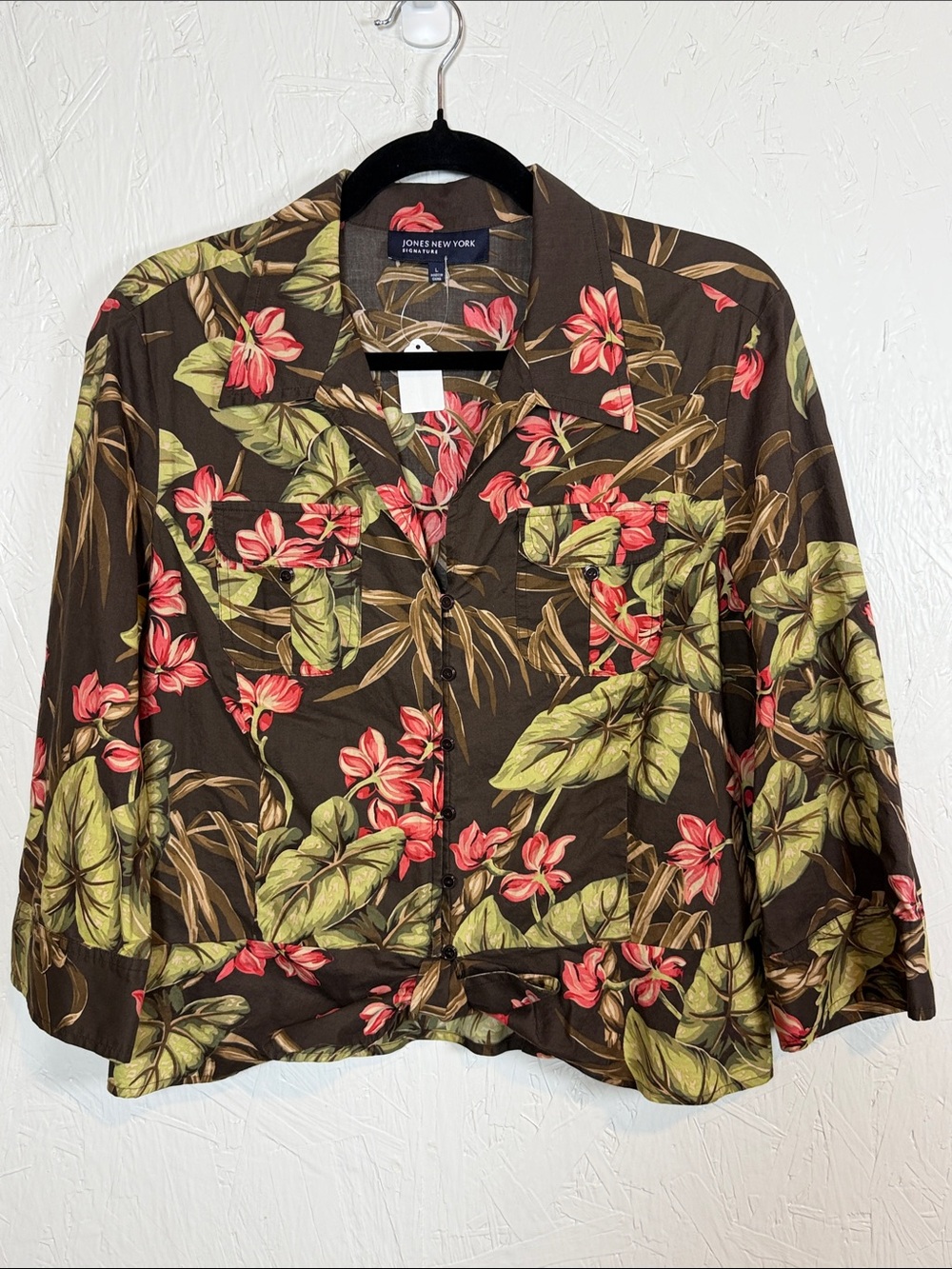 Jones New York Brown Floral Button-Up Shirt with Pink Blossoms